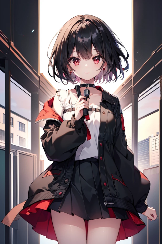 (masterpiece, highest quality, highest quality, (No text), Beautiful and aesthetic:1.2),No text,アニメ、BREAK,One Girl，Black Hair Girl　short hair　older sister　choker　Tree Eyes　Beautiful eyes　Red eyes　cool　smile　Red and Black　Black jacket　mini skirt　whole body　In town