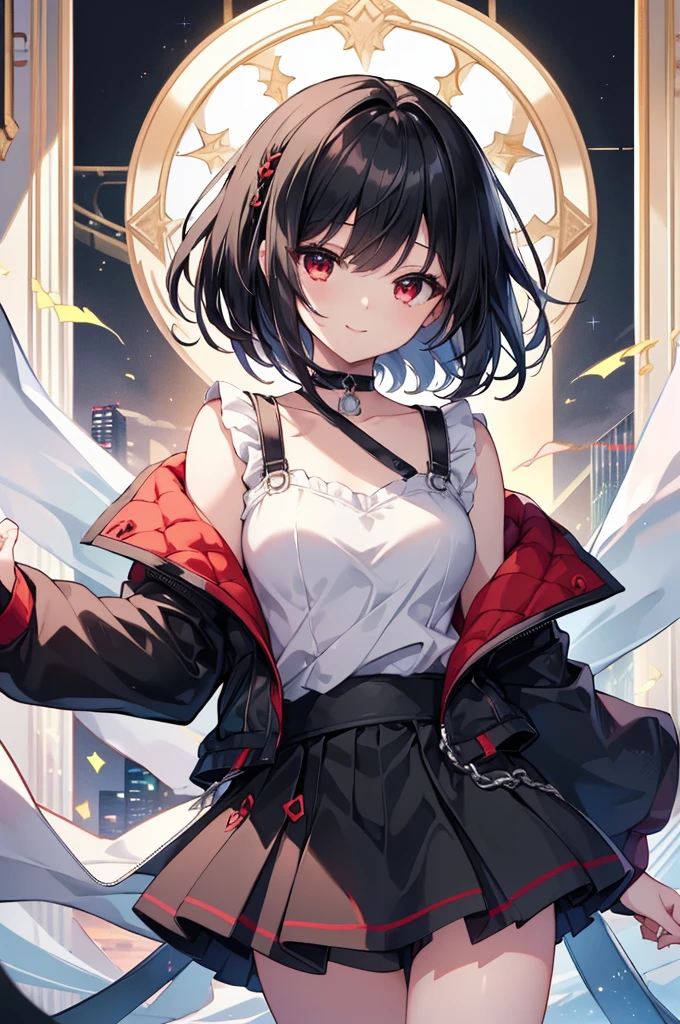 (masterpiece, highest quality, highest quality, (No text), Beautiful and aesthetic:1.2),No text,アニメ、BREAK,One Girl,Black Hair Girl short hair older sister choker Tree Eyes Beautiful eyes Red eyes cool smile Red and Black Black jacket mini skirt whole body In town