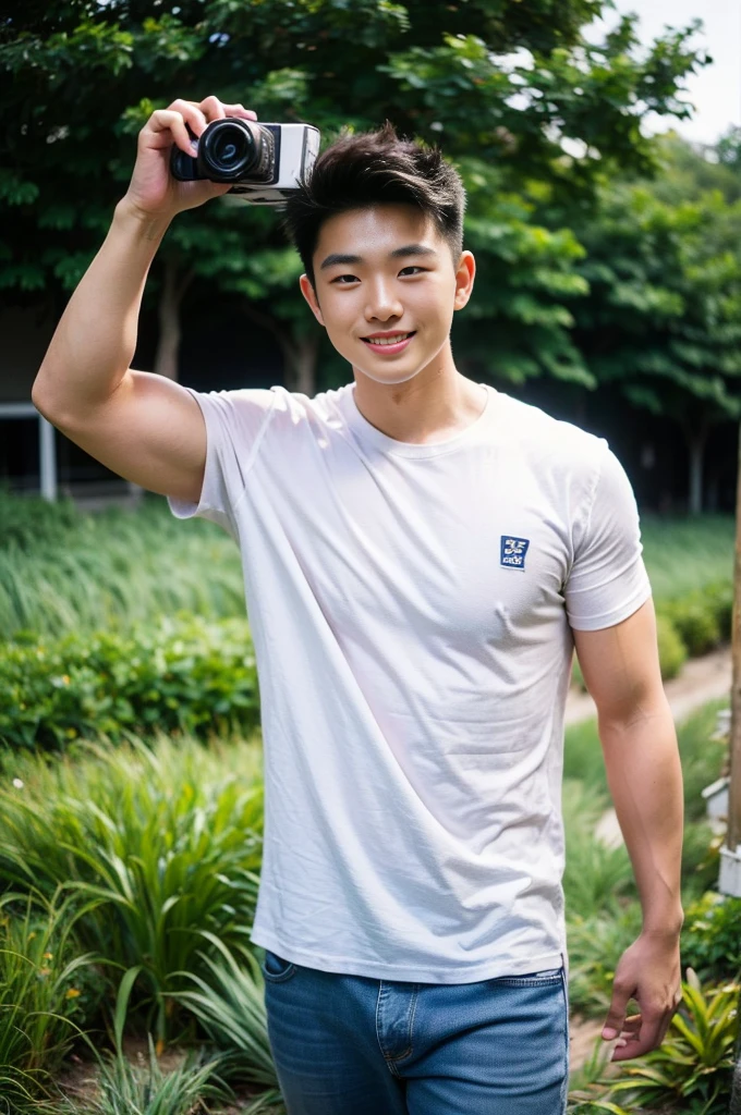 Young Korean man in a white t-shirt and jeans, A handsome, muscular young Asian man looks at the camera. In a simple t-shirt white and red , Fieldside, grass, beach, sunlight, Carrying a camera, smiling