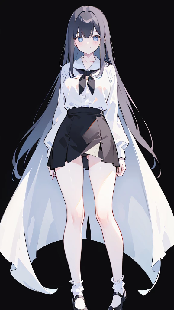 masterpiece, 8K, Detailed face, best quality, Must be created as described, (1 girl, alone, 20 years old, 158cm), (Black hair, long hair, Straight Hair, Bangs), (innocent, Big blue eyes like diamonds), (fair skin, thin waist, long legs), (Wearing a simple white shirt, Shirt length to thigh), (Black panties, briefs, Low waist style, Show your thighs), (Wear white socks), (Has black leather collar), (The expression looks shy, but with a smile), (light black background, Full body portrait, Stand Up Straight, symmetry)