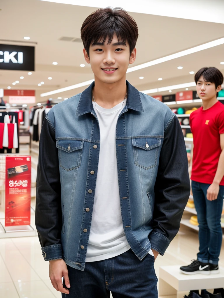 独奏: 1.5, (As a matter of fact, Masterpiece, 8k HD, good light quality, sportswear, fit the face, complicated details), A handsome Korean young man with muscular arms. , 20 years old, be happy, smile brightly, detailed face, delicate eyes, look at the sky, Wear a tight red t-shirt.:1.6 ,Wear a denim coat., jeans period, black eyes, Black hair color, ผมsmooth, smooth,Surreal,Awesome details,Highest quality,real,Open your mouth to talk. , Close your eyes., (standing in department store:1.5)
