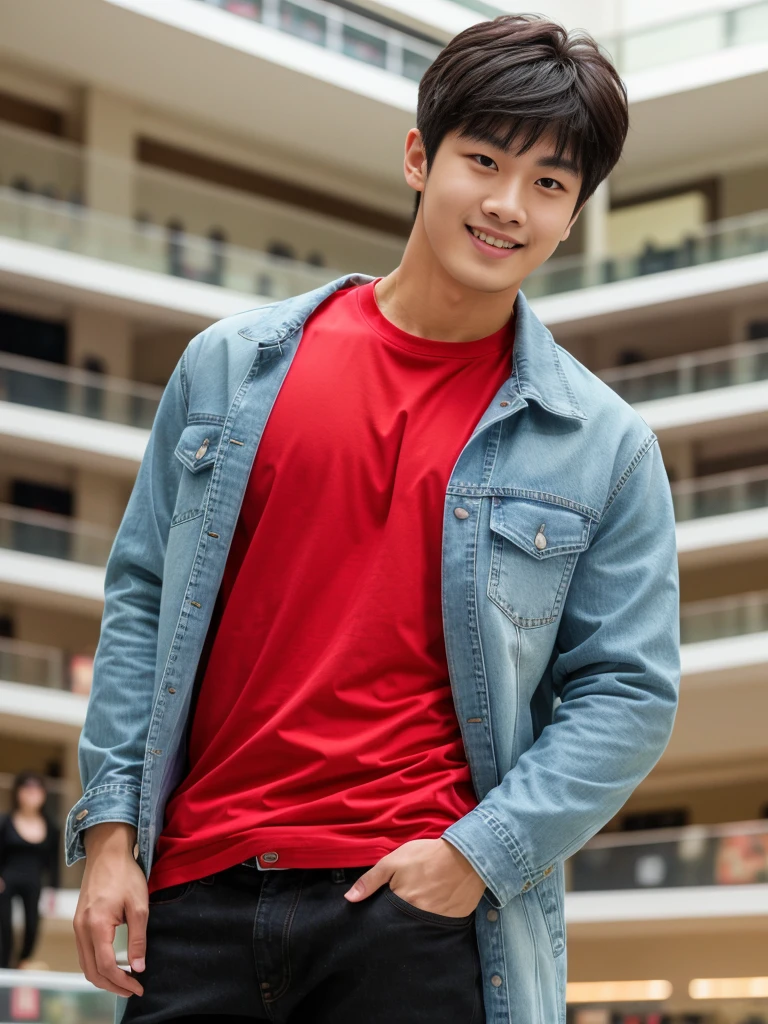 独奏: 1.5, (As a matter of fact, Masterpiece, 8k HD, good light quality, sportswear, fit the face, complicated details), A handsome Korean young man with muscular arms. , 20 years old, be happy, smile brightly, detailed face, delicate eyes, look at the sky, Wear a tight red t-shirt.:1.6 ,Wear a denim coat., jeans period, black eyes, Black hair color, ผมsmooth, smooth,Surreal,Awesome details,Highest quality,real,Open your mouth to talk. , Close your eyes., (standing in department store:1.5)