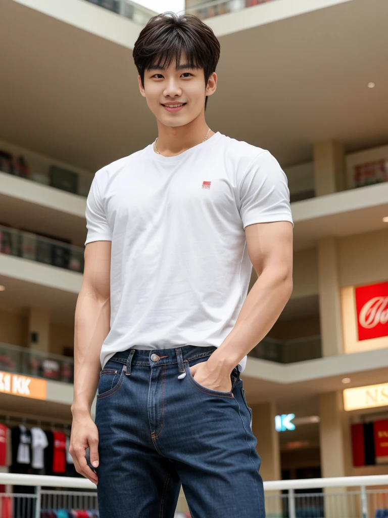 独奏: 1.5, (As a matter of fact, Masterpiece, 8k HD, good light quality, sportswear, fit the face, complicated details), A handsome Korean young man with muscular arms. , 20 years old, be happy, smile brightly, detailed face, delicate eyes, look at the sky, Wear a tight red t-shirt.:1.6 ,Wear a denim coat., jeans period, black eyes, Black hair color, ผมsmooth, smooth，Surreal，Awesome details，Highest quality，real，Open your mouth to talk. , Close your eyes., (standing in department store:1.5)