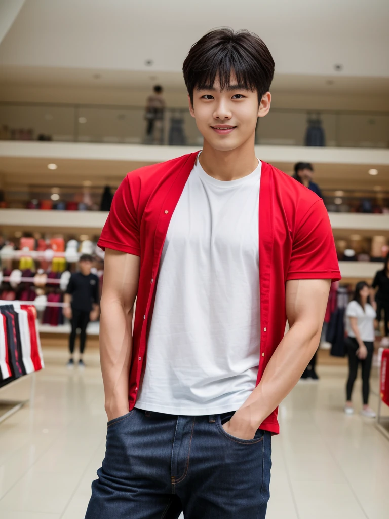独奏: 1.5, (As a matter of fact, Masterpiece, 8k HD, good light quality, sportswear, fit the face, complicated details), A handsome Korean young man with muscular arms. , 20 years old, be happy, smile brightly, detailed face, delicate eyes, look at the sky, Wear a tight red t-shirt.:1.6 ,Wear a denim coat., jeans period, black eyes, Black hair color, ผมsmooth, smooth，Surreal，Awesome details，Highest quality，real，Open your mouth to talk. , Close your eyes., (standing in department store:1.5)