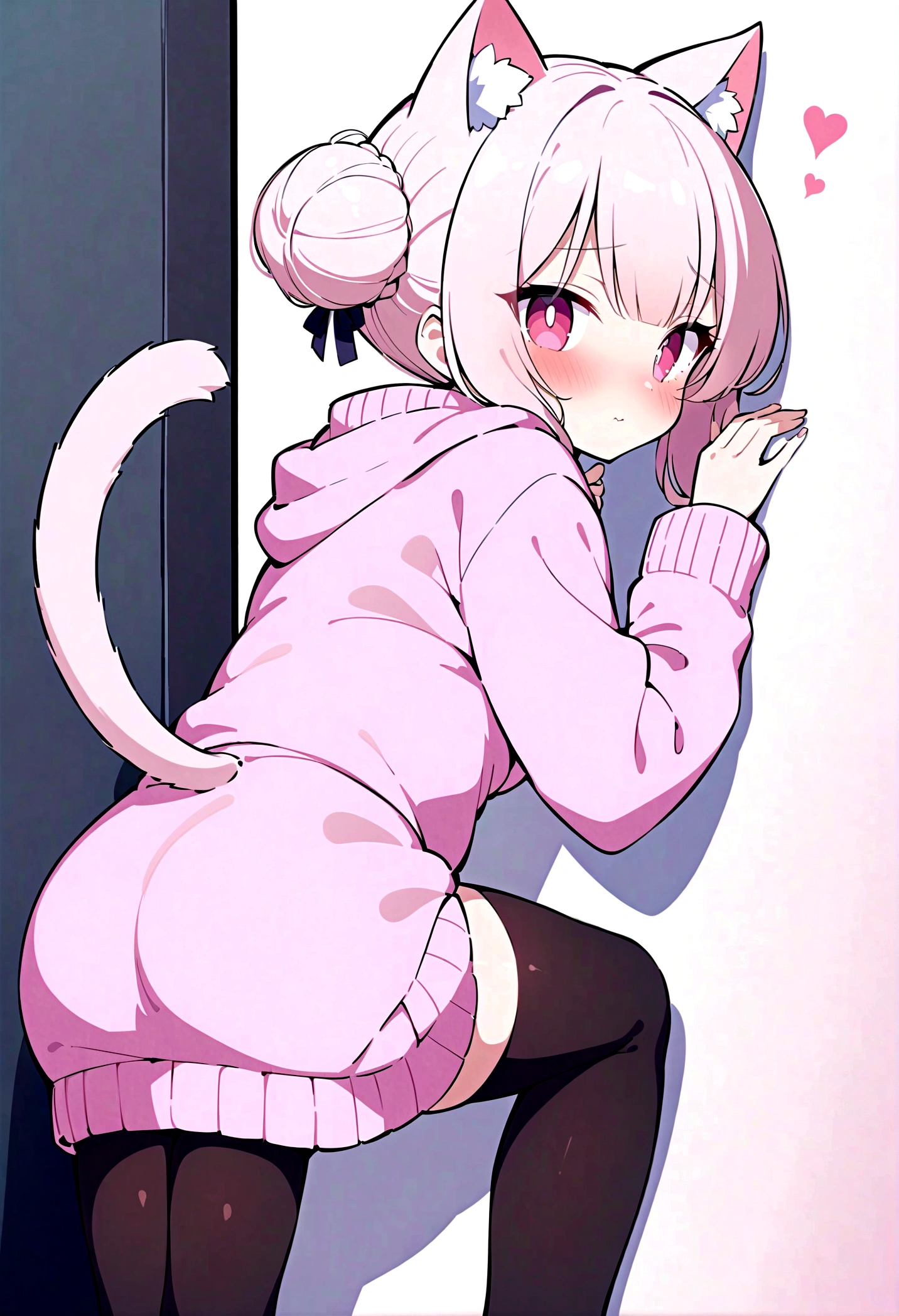I have white pink hair, cat ears, a bun, my face is super blushing, black glasses, pink heart eyes, a big pink sweatshirt, a black skirt, black stockings, white shoes, a cat's tail, a girl. very shy that she is glued to a wall with her butt