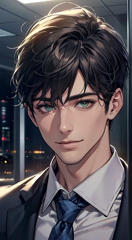 (Highest quality,4K,8K,High resolution,masterpiece:1.2),Super detailed,(Realistic,photoRealistic,photo-Realistic:1.37),1 person,34 years old,Mature Men,Beautiful skin、very handsome,Expressionless smile in love,Short dark blue hair,green eyes,Sharp Eyes,A perfect face without a doubt,Businessman,Office Background,Cinema Lighting,HDR image,tie、