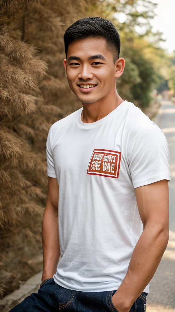 Thai man ,man,He is about 30 years old..,Rough and handsome appearance,large breastsj,Big waistline,buzz cut, angry, sullen, best quality, Masterpiece,(Have muscles:4.5),(best quality,high resolution,Masterpiece:1.2),The eyes are natural and delicate..,1 person,alone,gay asian,muscle,Long legs,brave,short hair details,conjunctivitis ,strong,brown eyes, (outdoor background road :1.5),in the market,sit (red and white t-shirt:1.3),Jeans ,smile