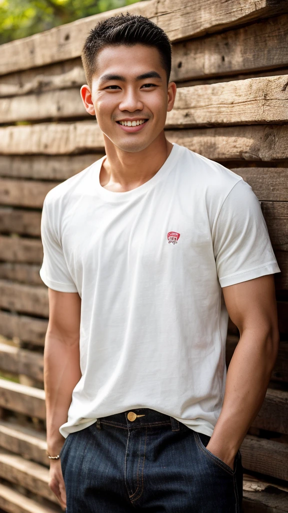 Thai man ,man,He is about 30 years old..,Rough and handsome appearance,large breastsj,Big waistline,buzz cut, angry, sullen, best quality, Masterpiece,(Have muscles:4.5),(best quality,high resolution,Masterpiece:1.2),The eyes are natural and delicate..,1 person,alone,gay asian,muscle,Long legs,brave,short hair details,conjunctivitis ,strong,brown eyes, (outdoor background road :1.5),in the market,sit (red and white t-shirt:1.3),Jeans ,smile