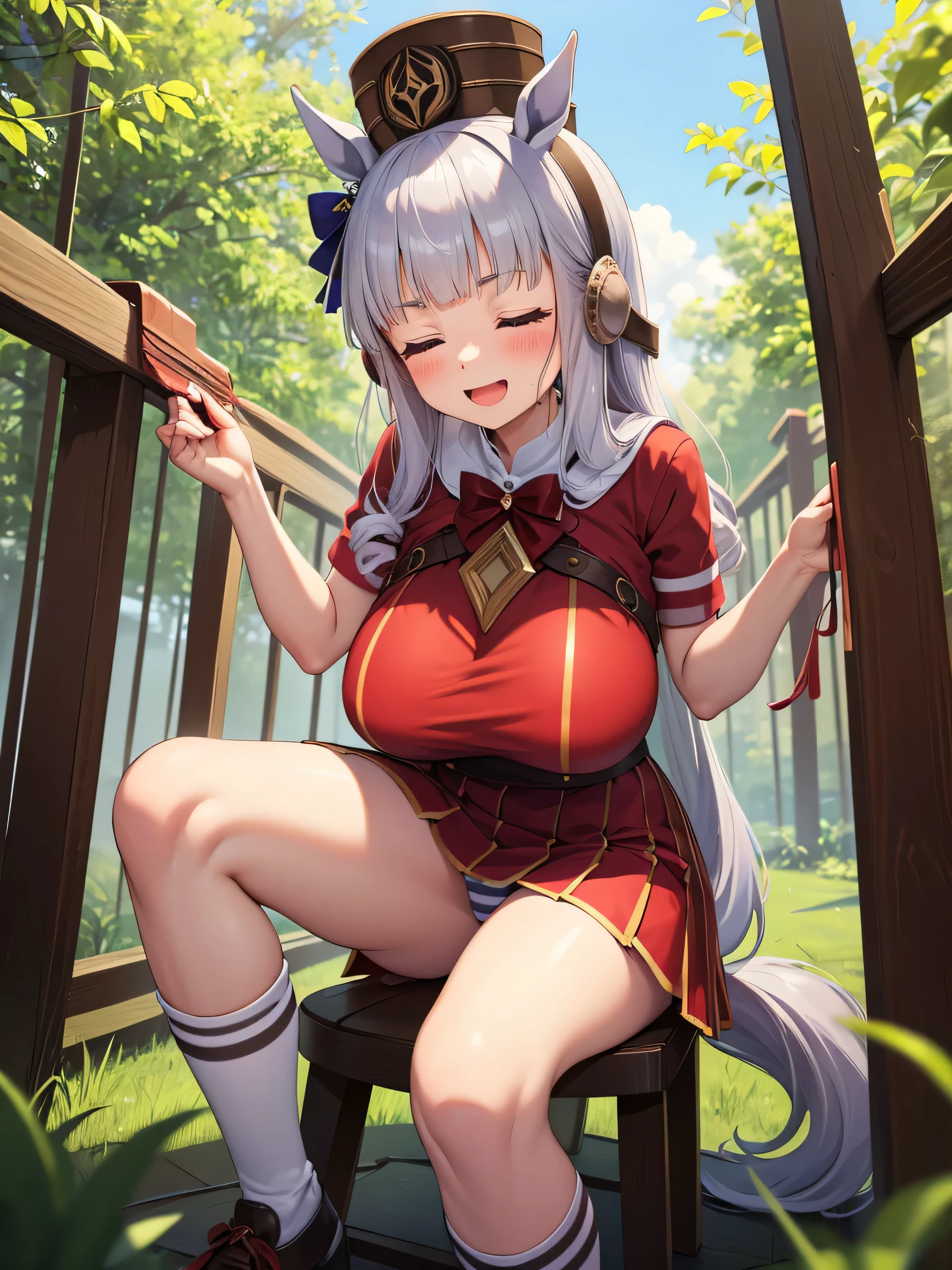 (masterpiece, Highest quality:1.2), alone, One girl, 幼いchildのゴールドシップ, pillbox hat、Red dress、No sleeve、Knee-high socks、Horse tail,、grassland、Nature、blush、(Huge breasts:1.4)、Transparent clothes、Clothes are see-through、、ergarteners、、6 yearさな体、From below、Clothes get wet、Nipples are visible、Close your eyes and laugh、smile、Open your legs、Spread your legs、Air chair、Striped underwear、is see-through、Skirt lift、Drip a large amount of love juice、Massage the breasts、Hide your chest