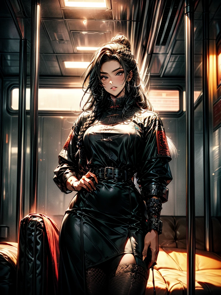 female, barbarian, braided black hair, tribal clothing, fur clothes, leather underwear, Demonic Right Arm