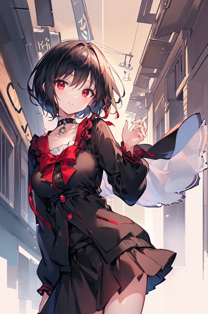 (masterpiece, highest quality, highest quality, (No text), Beautiful and aesthetic:1.2),No text,アニメ、BREAK,One Girl，Black Hair Girl　short hair　older sister　choker　Tree Eyes　Beautiful eyes　Red eyes　cool　smile　Red and Black　Black jacket　mini skirt　whole body　In town