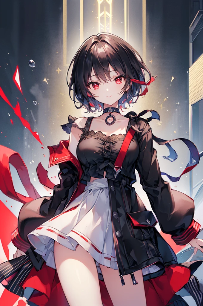 (masterpiece, highest quality, highest quality, (No text), Beautiful and aesthetic:1.2),No text,アニメ、BREAK,One Girl,Black Hair Girl short hair older sister choker Tree Eyes Beautiful eyes Red eyes cool smile Red and Black Black jacket mini skirt whole body In town