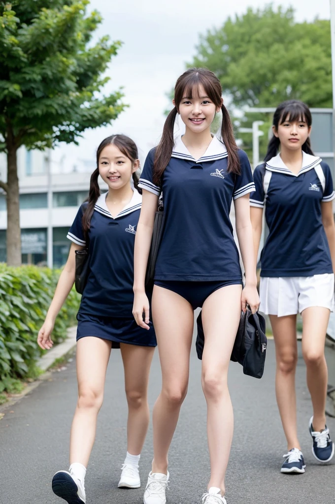 {2 | 3 | 4} girls walking in school street,cumulonimbus cloud in summer sky,navy blue school swimsuit,sailor shirt over,school bag,18-year-old,bangs,a little smile,thighs,knees,short hair with low pigtails bunches,from below,front light