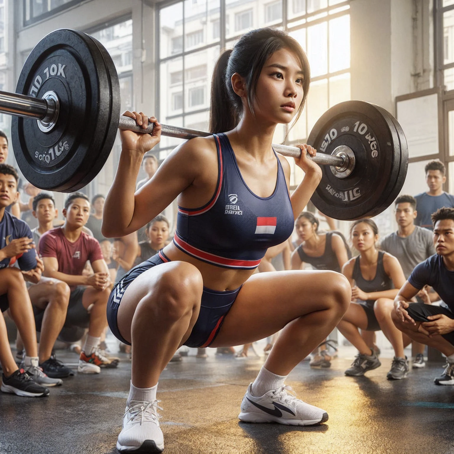 "Super realistic image of a young Indonesian woman wearing a women's sports outfit, performing a squat with three 10kg weights on each side. Around her, people are watching and giving support, while others are focused on their own workouts."