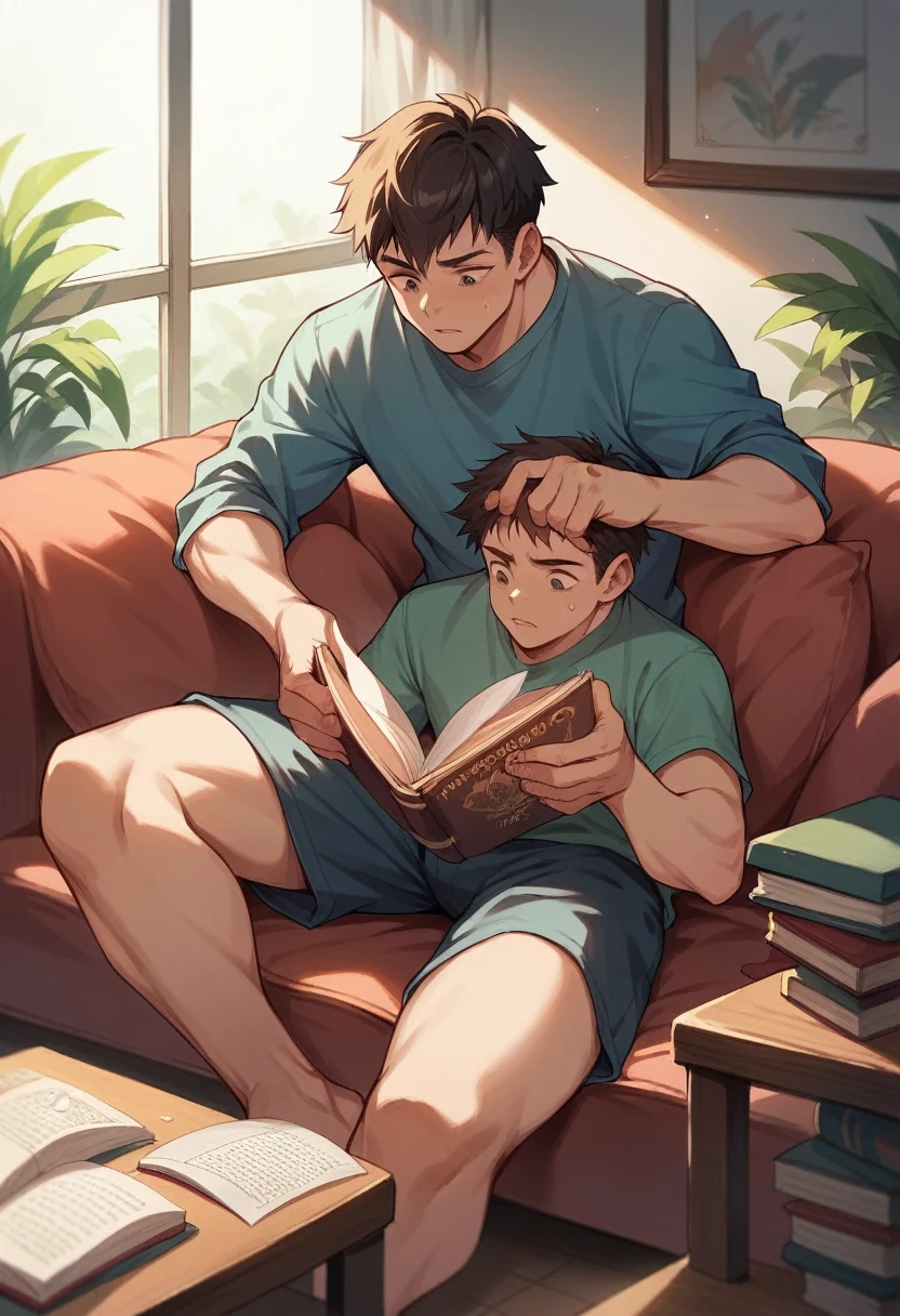 2 teenage boys 15 years old, reading a book indoors on the sofa, while it&#39;s raining outside