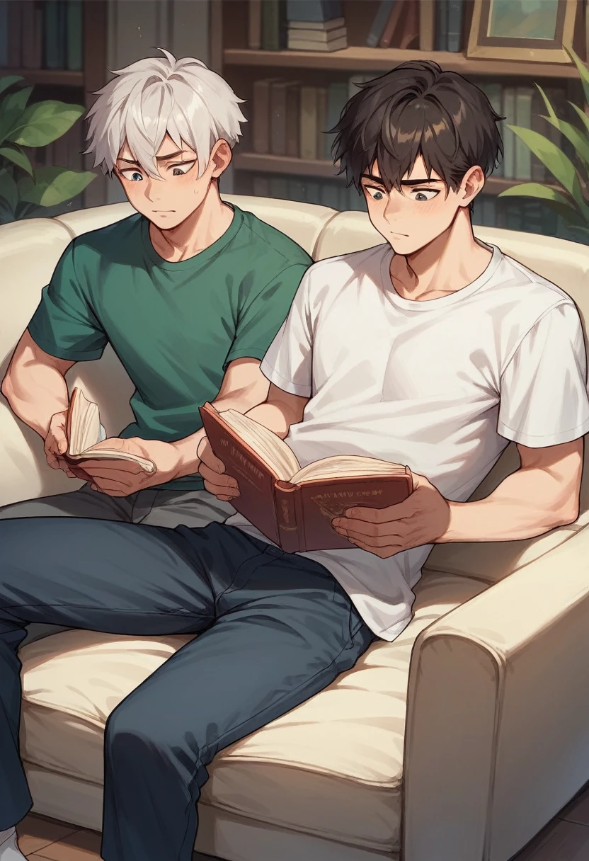 2 teenage boys 15 years old, reading a book indoors on the sofa, while it's raining outside
