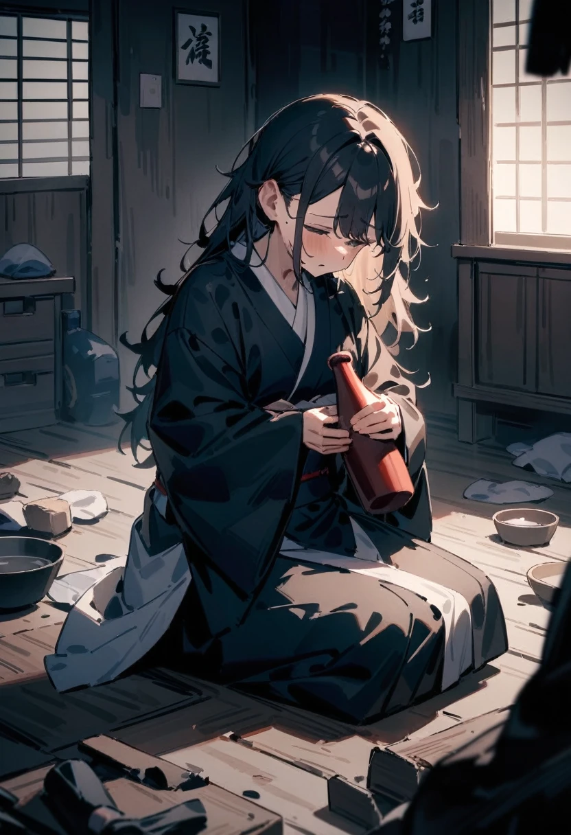 masterpiece, best quality, very aesthetic, absurdres, newest, 1girl, solo, asymmetrical bangs, tareme, adult, messy hair, long hair, dark hair, looking down, tired expression, japanese clothes, (disheveled clothes:1.2), holding , (sake bottle:1.2), sitting on the floor, inside a dilapidated house, broken furniture, scattered items, full body, slightly angled top view, dark color palette, shadowy, despairing mood