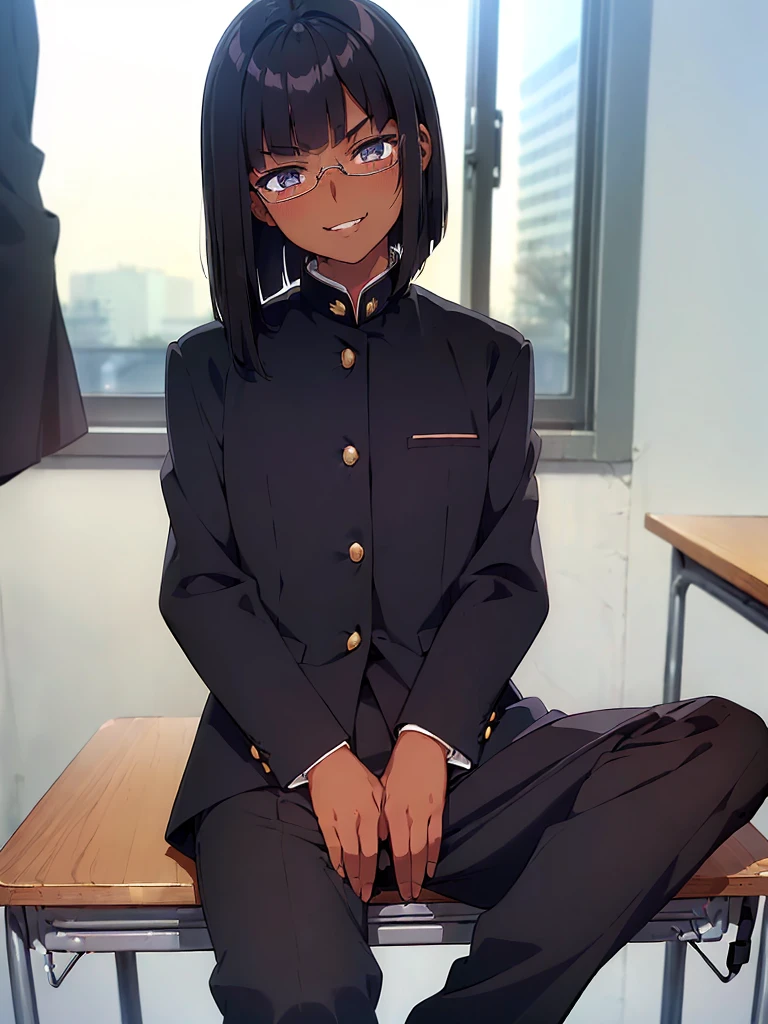 (1 girl solo),(dark skin:1.5),(masterpiece:1.2), highest quality, High resolution, unity 8k wallpaper, (fine and beautiful eyes:1.6), highly detailed face, perfect lighting, Detailed CG, (perfect hands, perfect anatomy),20 years old, (black hair:1.3), detailed eyes, best quality, extremely detailed, very precise detailed, (glasses:1.4), , (straight hair:1.5), (evil smile:1.4) ,long sidelocks, (blush:1.3),(gakuran,long pants:1.5),(short Bobbed hair:1.4),(blunt bangs:1.4), (greaming skin:1.3),(in class room:1.3),(sit on desk:1.4),(spread legs:1.4),(flat chest:1.3),(front open gakuran:1.7),(Dress shirt under gakuran:1.4)