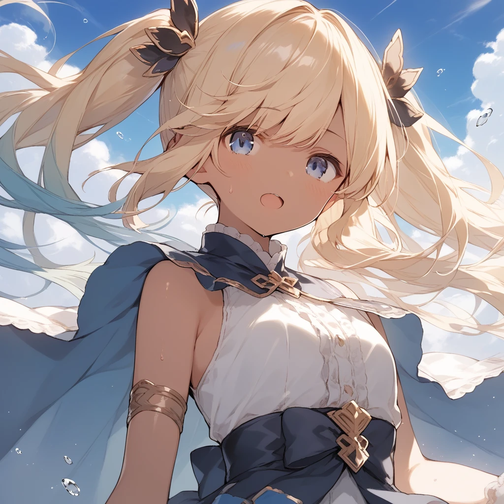 score_9, score_8_up, score_7_up, source_anime, best quality, masterpiece, official art, absurdres, highres, ultra-detailed,waifu2x,Collection: Slice of Life,break,1girl, io \(granblue fantasy\), (dark-skinned female), blonde hair, swept bangs, blue eyes,gradient hair, hair ornament, long hair, flat chest, thighhighs, twintails, sweat, open mouth, sleepily, outdoors, wind,break,(clear line illustration:1.2), super detailed skin,very high resolution, very aesthetic, Best sexual lighting powered by famous artist, 8k,cute picture,beauty illustration,photoshop_(medium),,(Detailed Lighting),best anime 8k konachan wallpaper, pixiv contest winner,