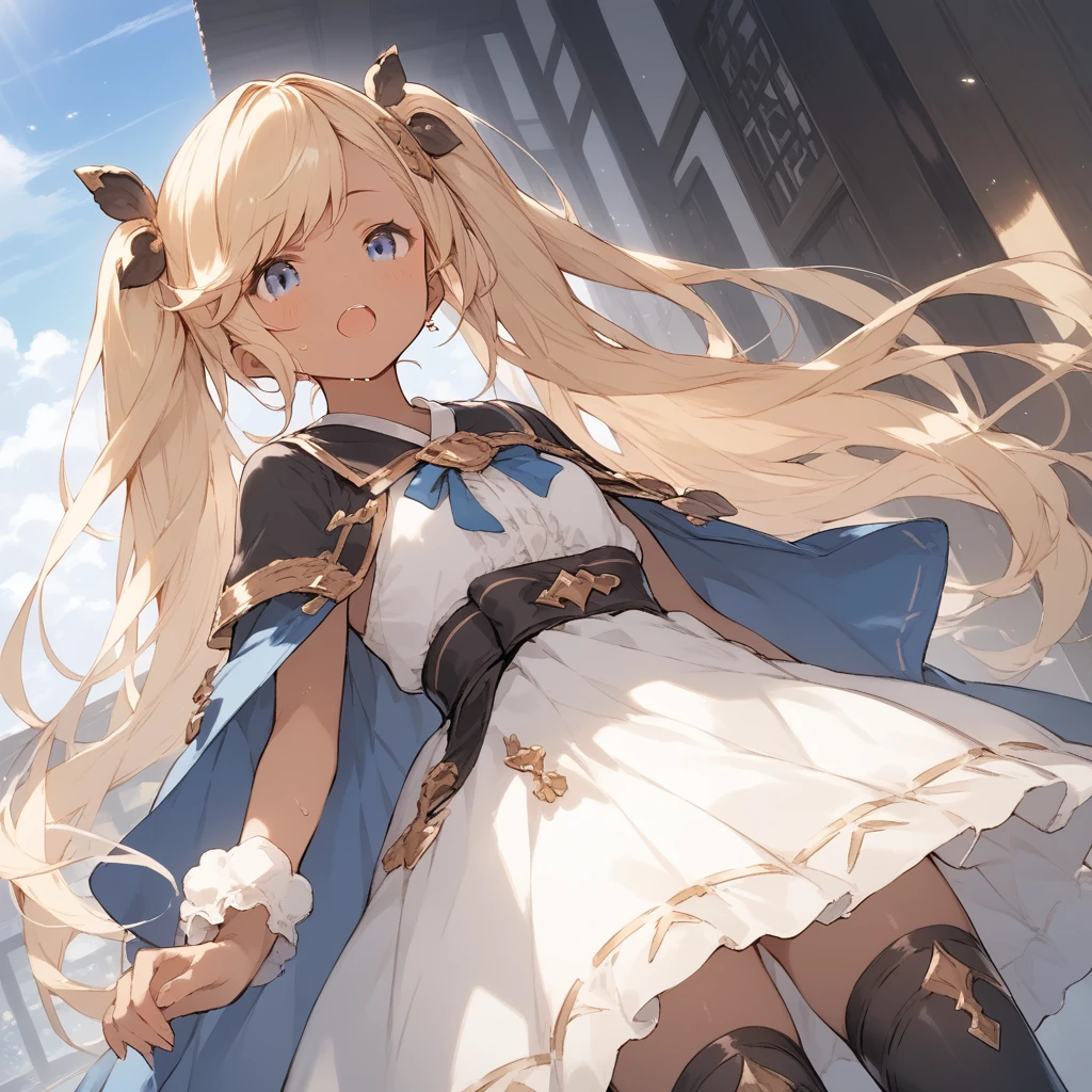 score_9, score_8_up, score_7_up, source_anime, best quality, masterpiece, official art, absurdres, highres, ultra-detailed,waifu2x,Collection: Slice of Life,break,1girl, io \(granblue fantasy\), (dark-skinned female), blonde hair, swept bangs, blue eyes,gradient hair, hair ornament, long hair, flat chest, thighhighs, twintails, sweat, open mouth, sleepily, outdoors, wind,break,(clear line illustration:1.2), super detailed skin,very high resolution, very aesthetic, Best sexual lighting powered by famous artist, 8k,cute picture,beauty illustration,photoshop_(medium),,(Detailed Lighting),best anime 8k konachan wallpaper, pixiv contest winner,