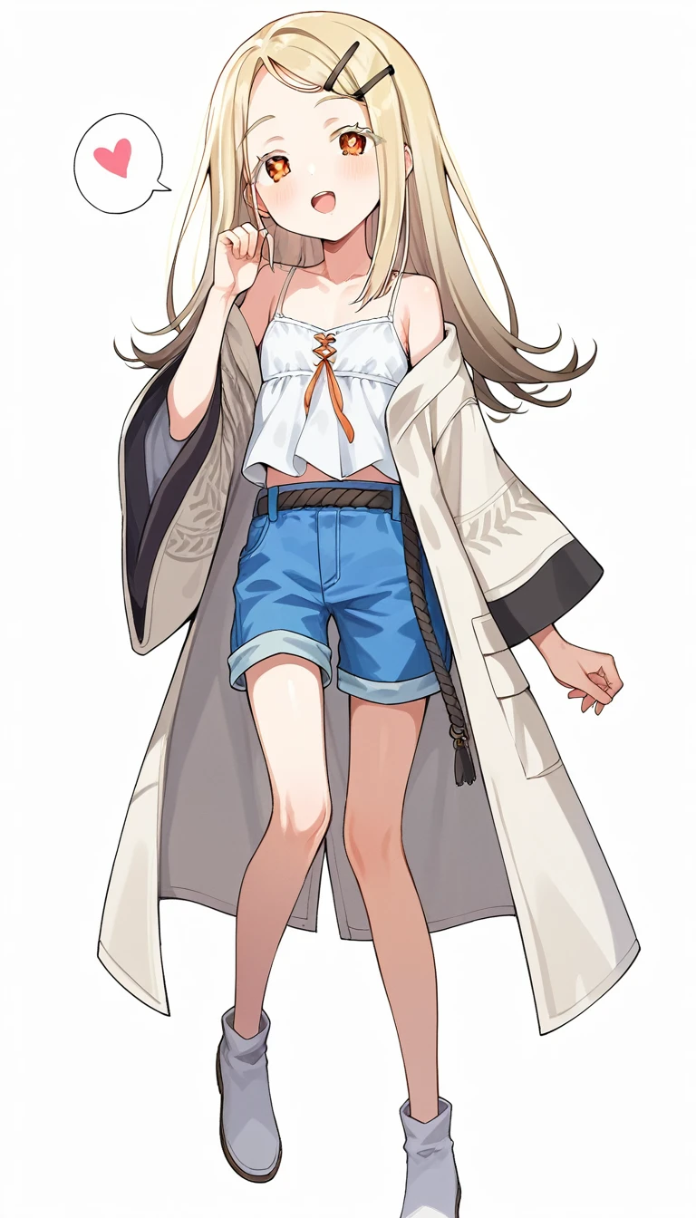 score_9, score_8_up, score_7_up, source_anime, rating_safe,super detailed , hiro-default,shinosawa hiro,slender,orange eyes,white eyelashes,blonde hair,long hair,hairclip,white camisole,blue shorts,coat,wide sleeves,belt,white footwear, (heart eyes),(heart in eyes),spoken heart,open mouth,dutch angle,flat chest ,blush,beautiful face,beautiful eyes,details eyes,white background