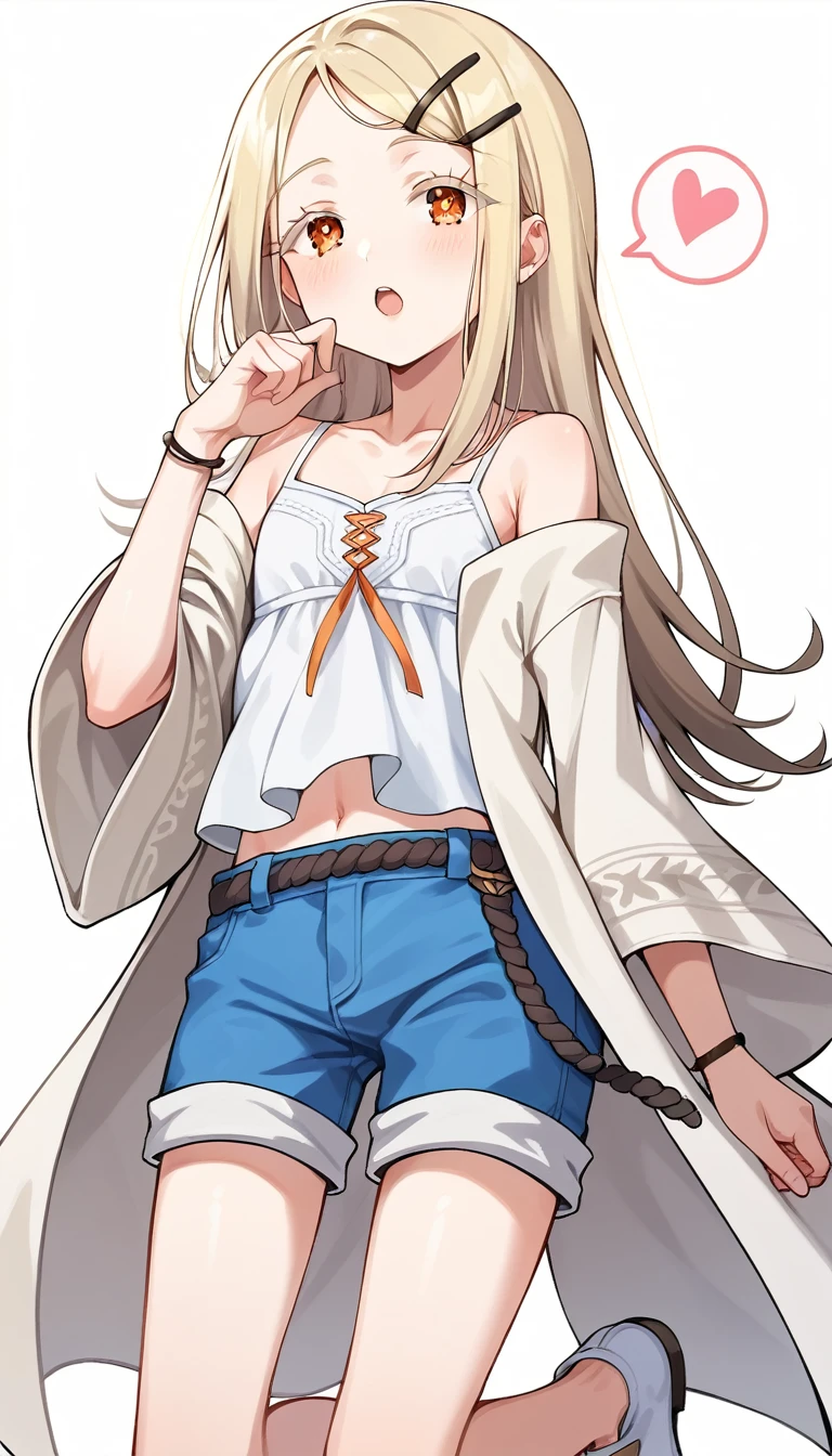 score_9, score_8_up, score_7_up, source_anime, rating_safe,super detailed , hiro-default,shinosawa hiro,slender,orange eyes,white eyelashes,blonde hair,long hair,hairclip,white camisole,blue shorts,coat,wide sleeves,belt,white footwear, (heart eyes),(heart in eyes),spoken heart,open mouth,dutch angle,flat chest ,blush,beautiful face,beautiful eyes,details eyes,white background 