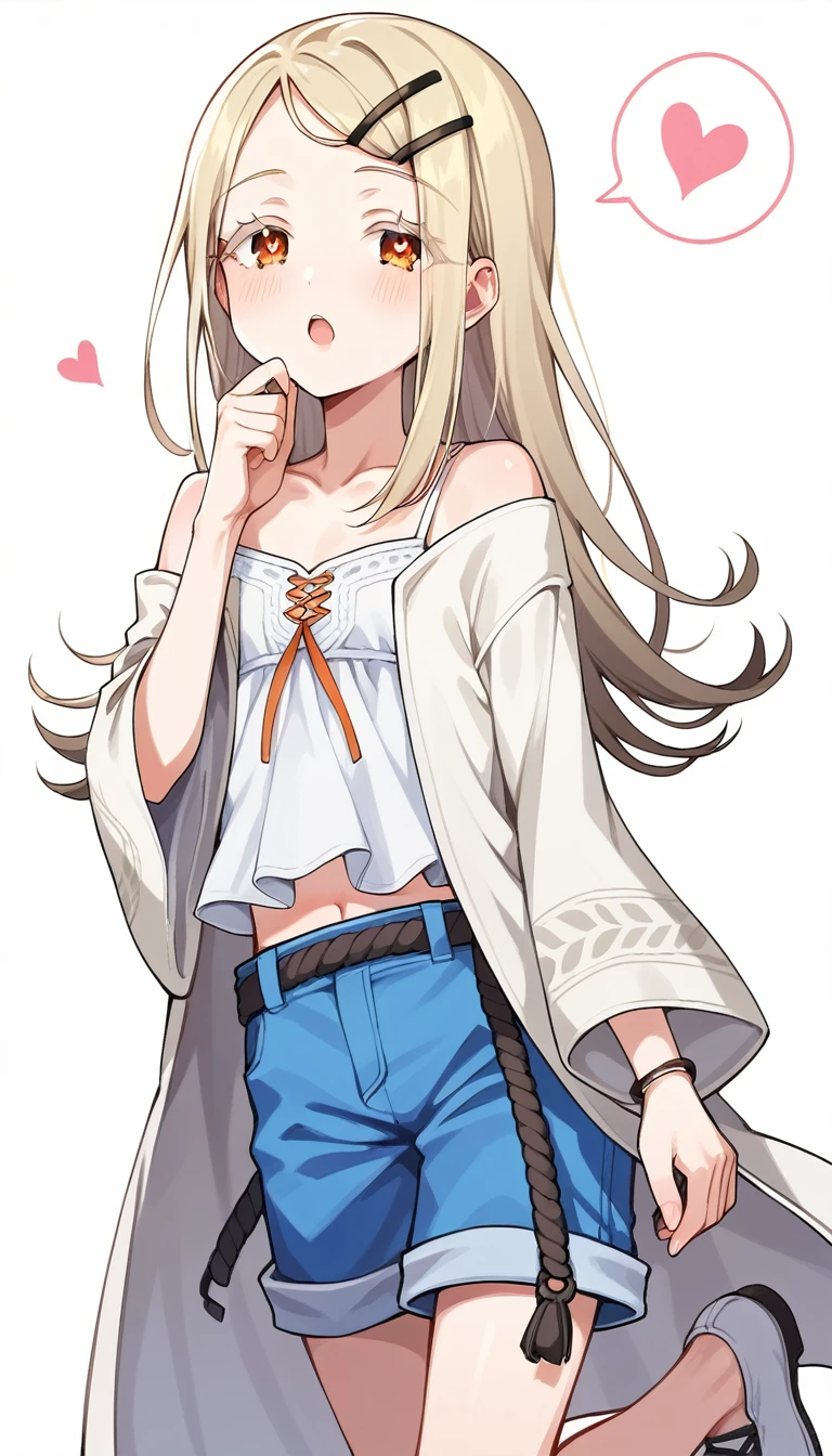 score_9, score_8_up, score_7_up, source_anime, rating_safe,super detailed , hiro-default,shinosawa hiro,slender,orange eyes,white eyelashes,blonde hair,long hair,hairclip,white camisole,blue shorts,coat,wide sleeves,belt,white footwear, (heart eyes),(heart in eyes),spoken heart,open mouth,dutch angle,flat chest ,blush,beautiful face,beautiful eyes,details eyes,white background