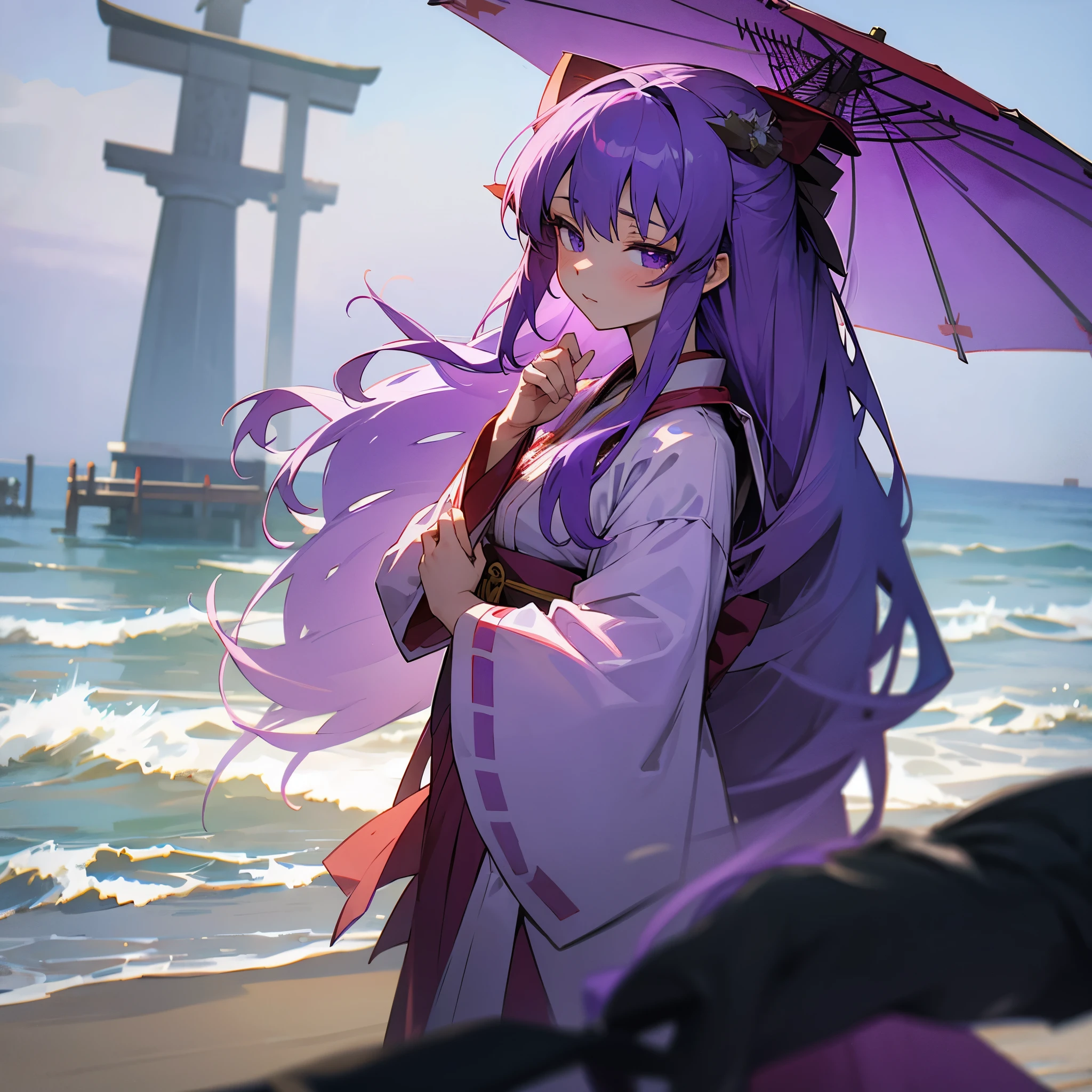 Bangs,Purple Hair,Long Hair,Purple Eyes,Seaside,Shrine maiden