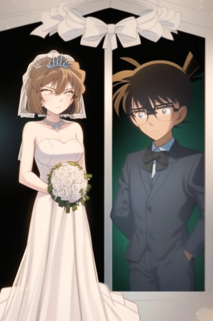 ((masterpiece)), (Face reflected in the light), (8K, expensive_solve), ((clear_image)),((One girl, alone)) ,Highly detailed CG, ((Highest quality)), (meitantei conan \(style\), Detective Conan \(style\), meitantei conan), alone, Beautiful eyes and fine face,((short hair)), (Medium chest), (Wide Hips), (blush), (Abdominal muscles:0.8), ((Detailed wedding dress, tiara:1.2)), ((One girl, alone)), (glamorous, 19 years old, Old age) , (thin) Cowboy Shot, Detailed hands, Fully nude,With nipples,Pussy in full view