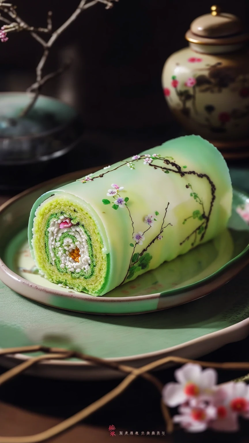 A roll cake on a plate，It is decorated with flowers, Inspired by Ma Yuanyu, Inspired by Gu An, 4k polymer clay food photography, Inspired by Maki Shiro, Super realistic food pictures, Made of glazed, tasty, Inspired by Cui Bai, Inspired by Lu Ji, inspired by Yanagawa Nobusada, Chinese style scene