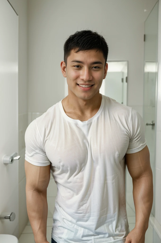 An extremely tall young chinese-looking giant in full body , big biceps, handsome, athletic, smile, , wears sexy brief  stand in steam with a short korean guy in naked body with natural dick < realistic vein penis