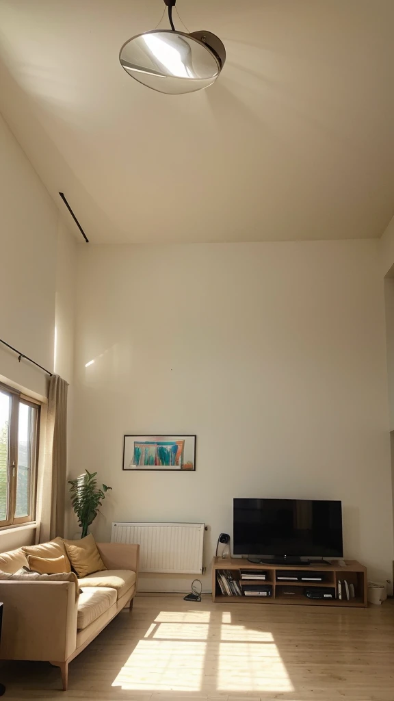 Portrait of living room, big windows, interior design, soft color of sofa, kitchen set, wall partition, big screen tv, good air and sun light circulation, modern design, ((interior design)),