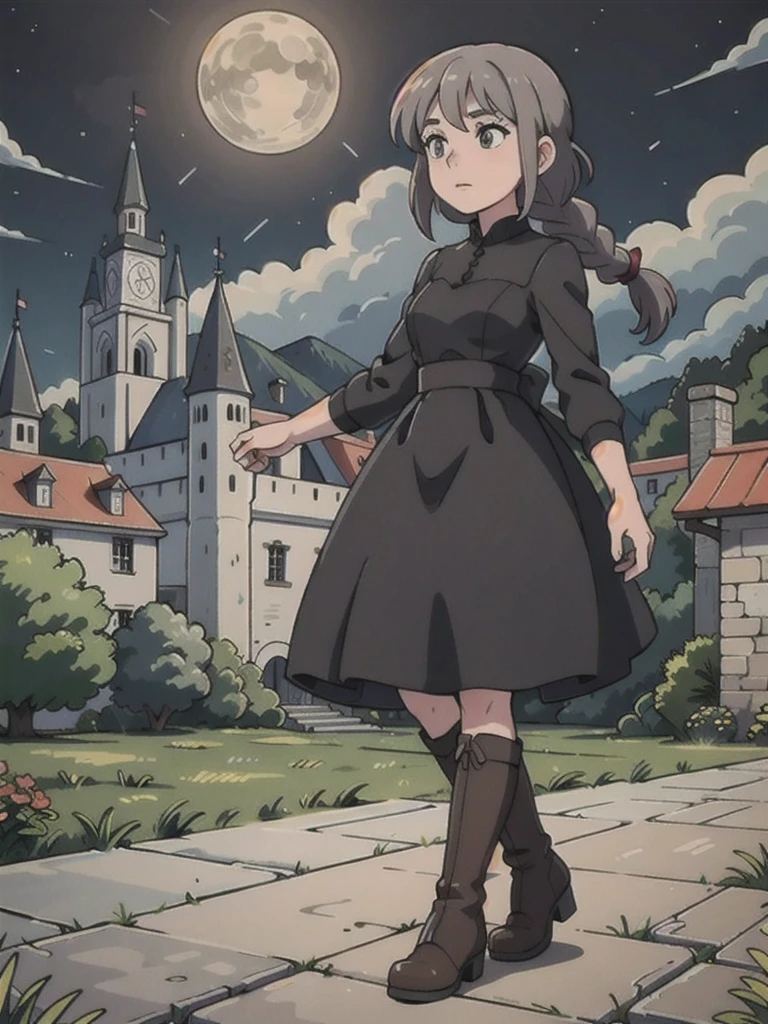 Girl with gray braided hair,black dress ,long skirts and boots , castle at night