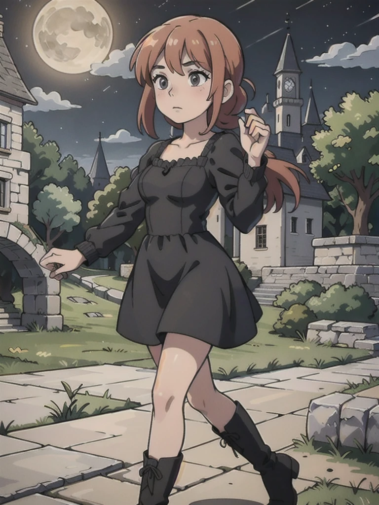Girl with gray braided hair,black dress ,long skirts and boots , castle at night