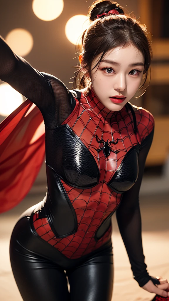 tmasterpiece,1 Chinese girl,realisticlying,8K UHD,high high quality,in the background bokeh, spider-man suit,Spidey,Clothes wrap around the whole body,Tight clothing,Abs contour,Short black hair,s the perfect face,shining face,Ultra-clear face,Elaborate Eyes,idoly