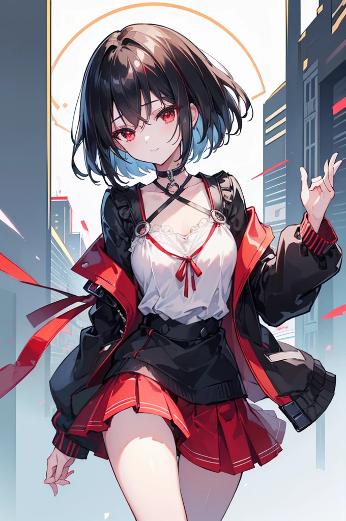 (masterpiece, highest quality, highest quality, (No text), Beautiful and aesthetic:1.2),No text,アニメ、BREAK,One Girl,Black Hair Girl short hair older sister choker Tree Eyes Beautiful eyes Red eyes cool smile Red and Black Black jacket mini skirt whole body In town