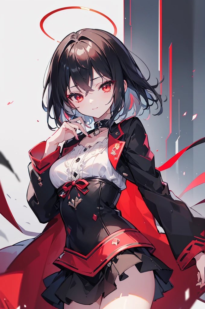 (masterpiece, highest quality, highest quality, (No text), Beautiful and aesthetic:1.2),No text,アニメ、BREAK,One Girl，Black Hair Girl　short hair　older sister　choker　Tree Eyes　Beautiful eyes　Red eyes　cool　smile　Red and Black　Black jacket　mini skirt　whole body　In town