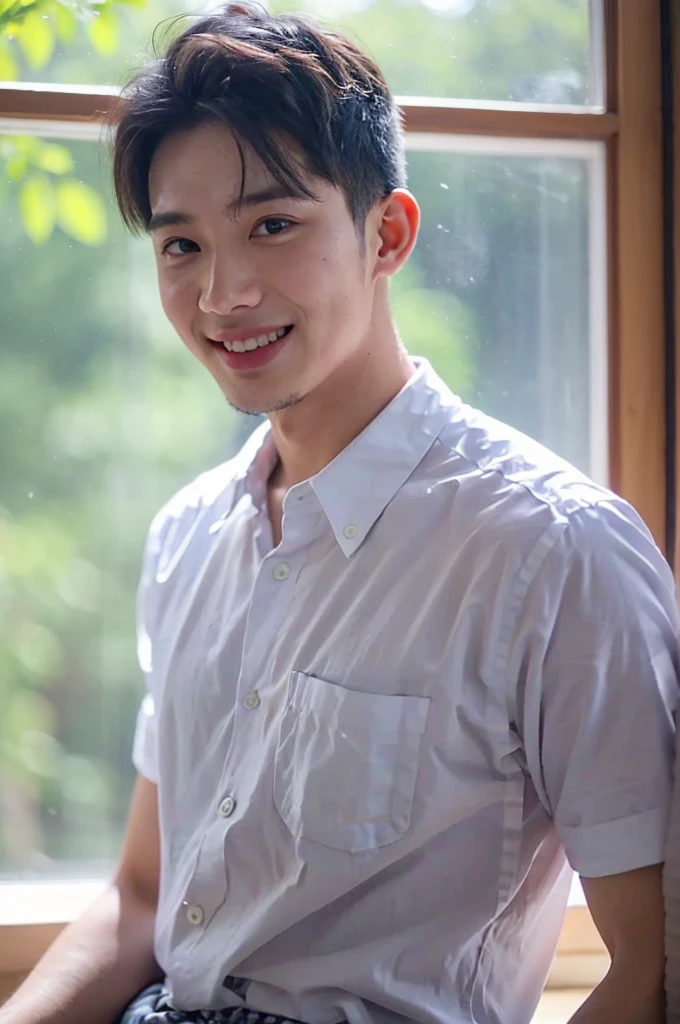 ((Highest quality, 8K, Masterpiece: 1.3))、Thailand Laos Burma Asia, Thai man, A handsome Asian rugby player with short hair, a muscular beard, and big muscles., １A man who has、 yo、Good appearance、Beautiful nose、smile、 Detailed eyes and face、beautiful light、(studio)、high resolution、（Look at the viewer.）、Fine mouth、smile、whole body: 1.5, perfect shape: 1.3, looking at camera ,Gray button-down shirt , bedroom sunlight looking at the sea