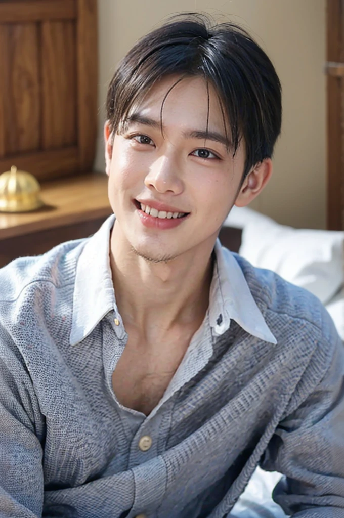 ((Highest quality, 8K, Masterpiece: 1.3))、Thailand Laos Burma Asia, Thai man, A handsome Asian rugby player with short hair, a muscular beard, and big muscles., 1A man who has、 yo、Good appearance、Beautiful nose、smile、 Detailed eyes and face、beautiful light、(studio)、high resolution、(Look at the viewer.)、Fine mouth、smile、whole body: 1.5, perfect shape: 1.3, looking at camera ,Gray button-down shirt , bedroom sunlight looking at the sea
