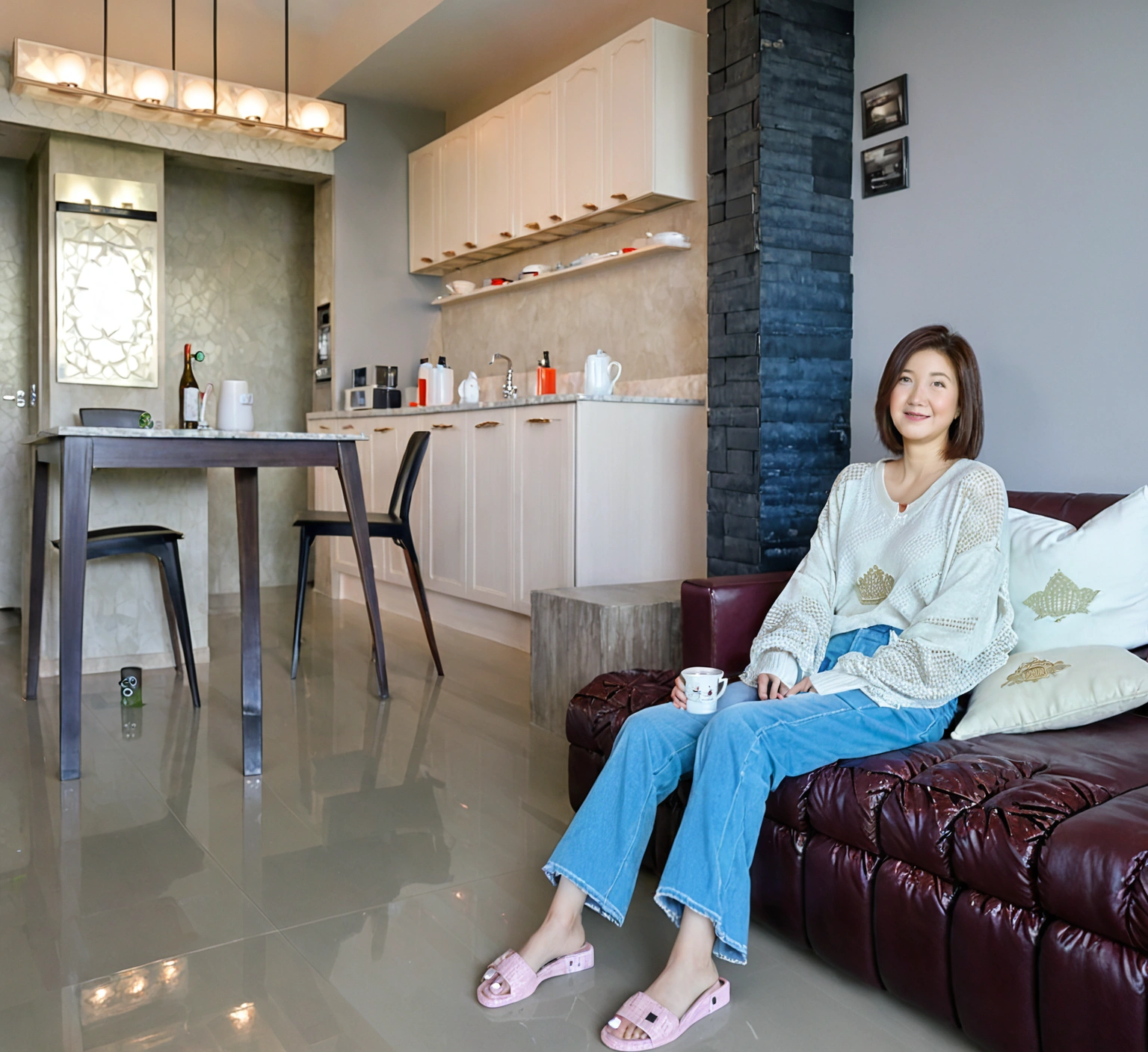 Beautiful Korean Woman , 32 inch chest size, Your eyes are big and pretty. Wearing a high-end luxury brand cardigan, Casual jeans, short medium hair, Smile. sit on the sofa , 1 woman, uhd