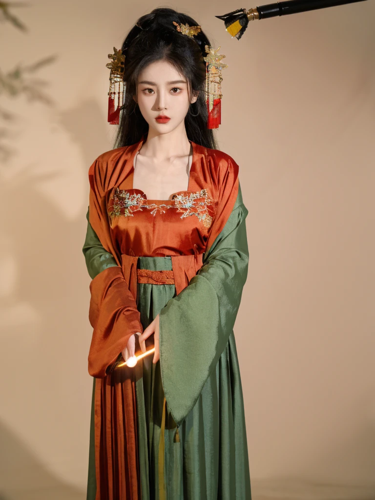 Apparition，Xingxian，Apricot，Green makeup jadeite，Dan face Sai rouge。The starry eye is still bright，The moth eyebrows are beautiful and aligned。The bottom line is a five-color plum light red dress，Wear a garment lighter than armor。China costume