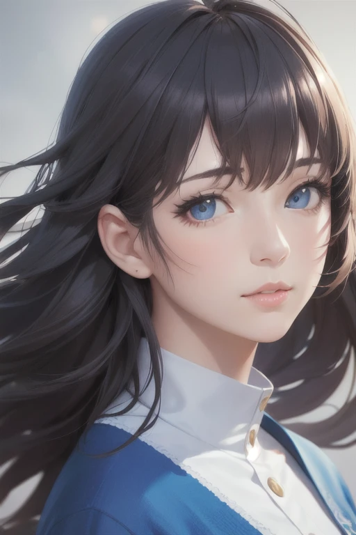 girl,Character design sheet,Beautiful attention to detail,Beautiful lip detail,Highly detailed eyes and face,Long eyelashes,Realistic,photoRealistic:1.37,Super detailed,Professional,Vibrant colors,Portraiture,Studio Lighting,Sharp focus,Physically Based Rendering,High resolution,超High resolution. blue eyes, Long Hair,Hair blowing in the wind、Black Hair,Lowering the eyes