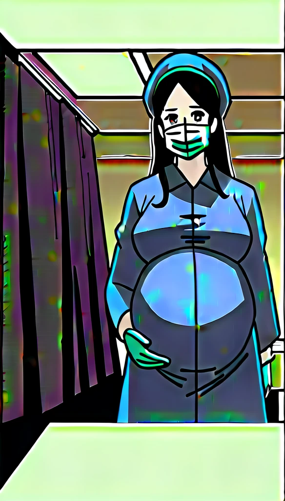 score_9,  score_8_up, score_7_up, source_anime, raw image, masterpiece, highest quality, natural light, patient room background, kasuganoray, good shape, pale skin, shy eyes, big breasts, scrubs, surgical mask, bouffant cap, long sleeve coat pregnancy doctor,
1girl, pregnant, solo, rubber gloves, looking down, furrowed brow, hospital bed, standing, even though she's pregnant she has a good figure, 