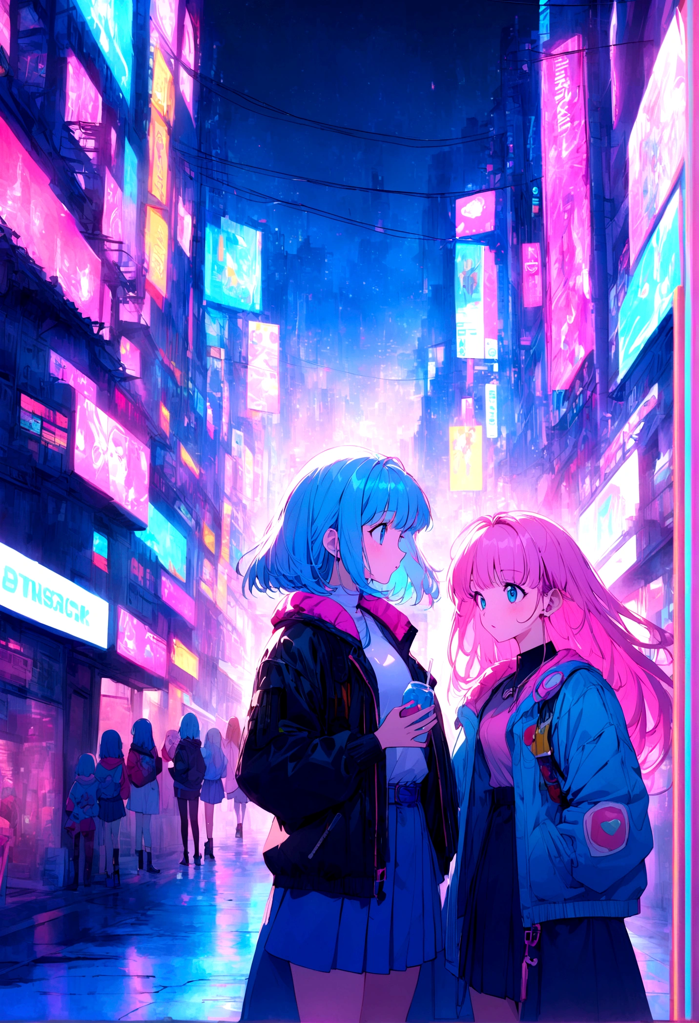 Pink and blue haired girls,duo , soda, Inspired by 90s anime, Cyberpunk City, praise, colorful, , Pink Hair, Blue Hair Macaron