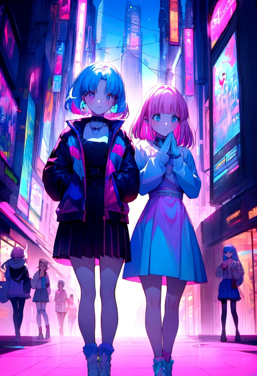 Pink and blue haired girls,duo , soda, Inspired by 90s anime, Cyberpunk City, praise, colorful, , Pink Hair, Blue Hair Macaron