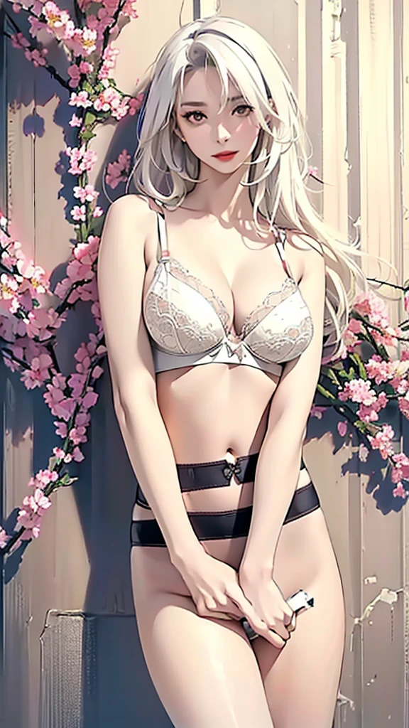 Sexy pose sculpture, (masterpiece:1.3), (8K, realistic, raw photo, best quality:1.4), (1 woman), beautiful face, realistic face, (detailed face), beautiful hairstyle, (detailed hair), realistic eyes, (detailed eyes), beautiful details, realistic skin, (detailed skin), beautiful skin, attractive, ultra high definition, surrealism, very detailed, (A huge sloping sword,H cup large breasts), Japanese beauty, (slim body), mild,(((white hair))), (supermodel figure), Cute Japanese Girl, pretty young japanese girl, (Top quality photo of beautiful woman wearing sexy lingerie in front of wall covered with flowers:1.2), big bust :1.2, improved cleavage, shy, wide shot, (whole body), (bra ivory: 1.5),long hair,red lipstick,(((There is a lot of gap between the crotch))),((bust.reply))),(stockings),
