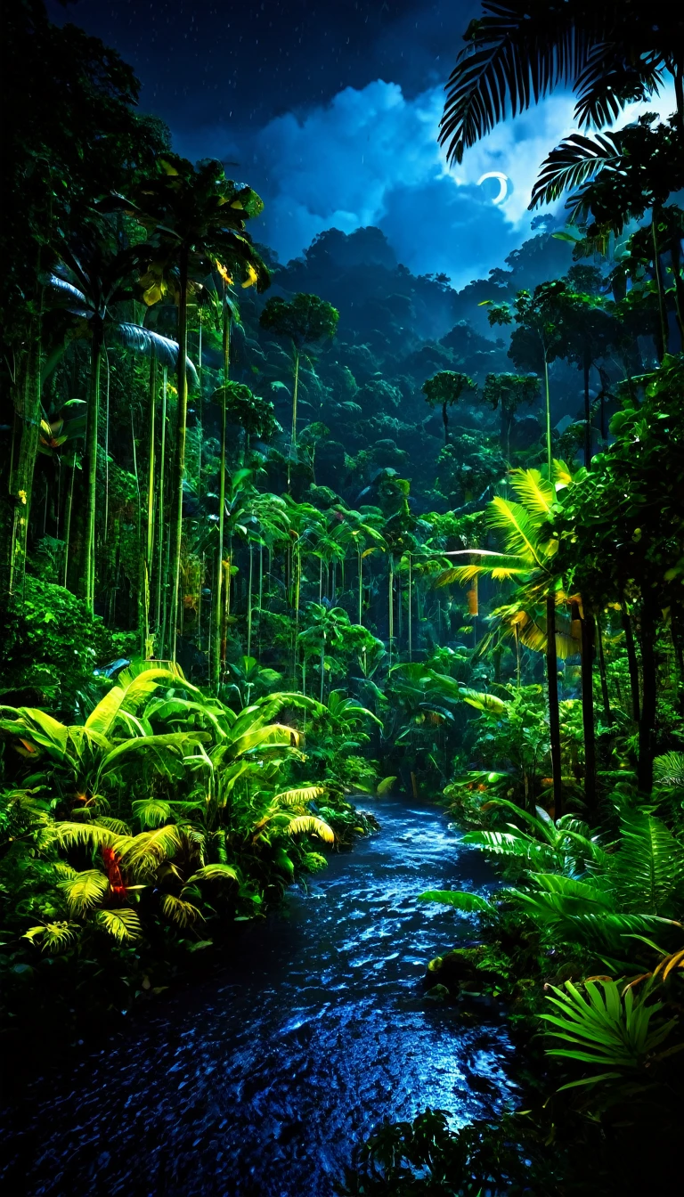 , fancy, paisaje, nature, exotic colors, no characters, no green colors. Ultra realistic , night time , lush tropical rainforests 