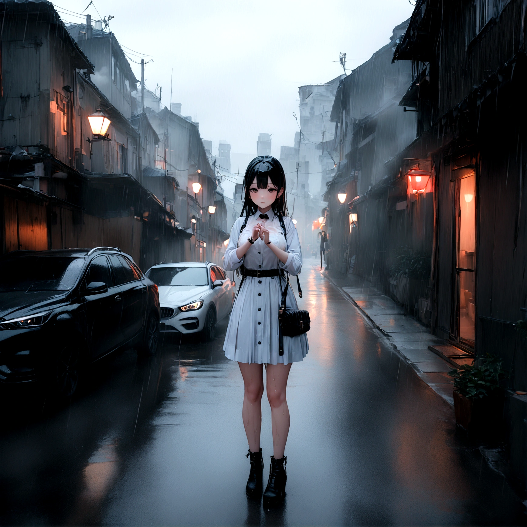 (8K, RAW photos, best quality, masterpiece:1.2), (Practical, photo-Practical:1.37), Omotosa, 1 Girl, (Korean Idol), (Egiosar:1), Lovely, city View, rain, wet, Professional lighting, Photon Mapping, Radiosity, Physically Based Rendering,,
