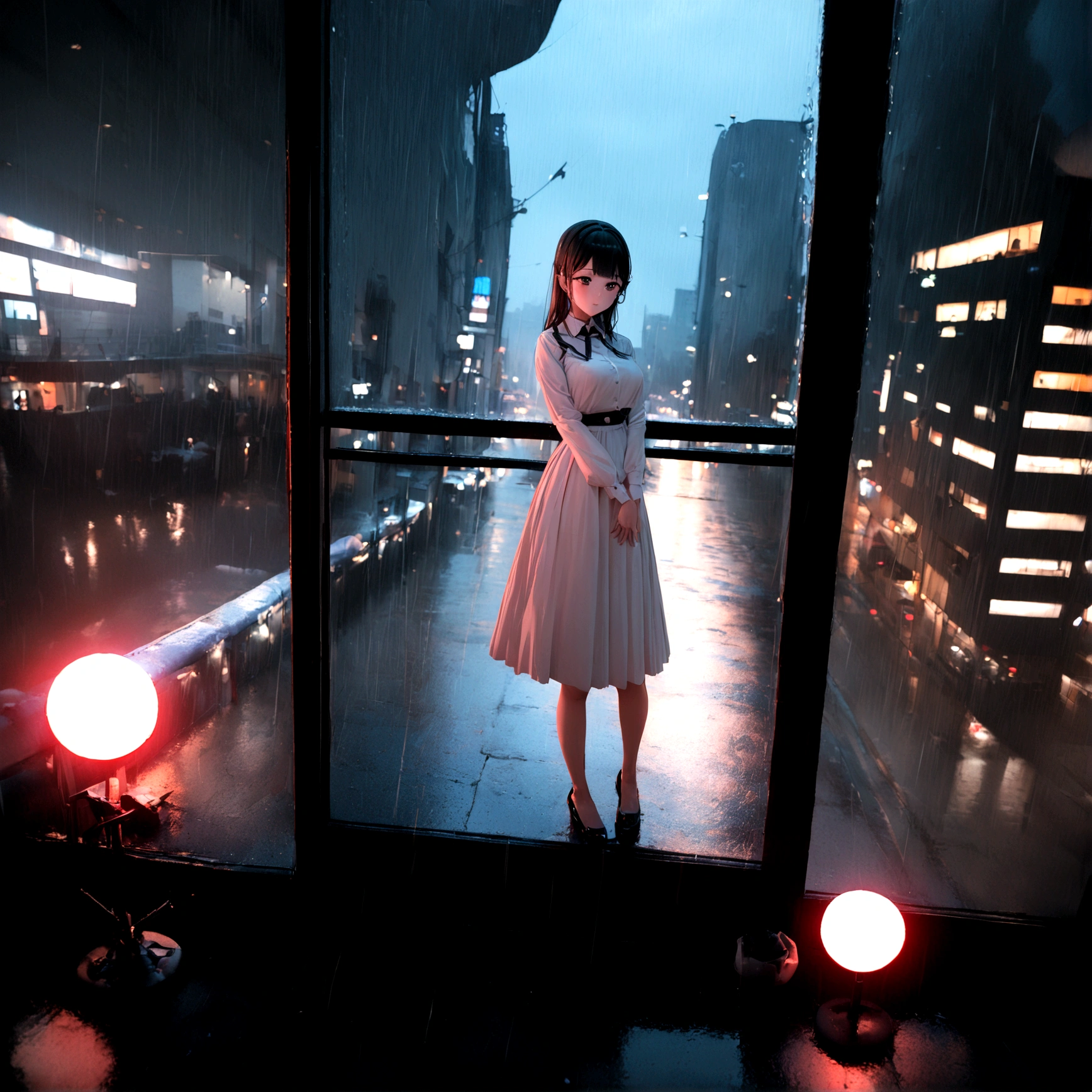 (8K, RAW photos, best quality, masterpiece:1.2), (Practical, photo-Practical:1.37), Omotosa, 1 Girl, (Korean Idol), (Egiosar:1), Lovely, city View, rain, wet, Professional lighting, Photon Mapping, Radiosity, Physically Based Rendering,,