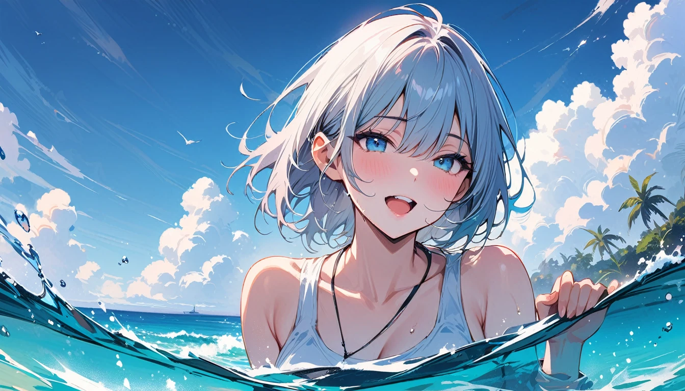 (best quarity,ultra detailed,ultra-high-resolution, absolutely resolution,8k, masterpiece),anime,(pale colors:1.8),long shot, 1girl, solo, cat mouth, hands up, shoulder-deep in water, smile, closed eyes, opened mouth, fang, blue hair, bobcut, straight hair, racoon ears, racoon tail, (brown streaked hair:1.3), (blunt bangs) ,thick eyebrows, big breast, off shoulder bikini, water splash background, summer, fullbody,